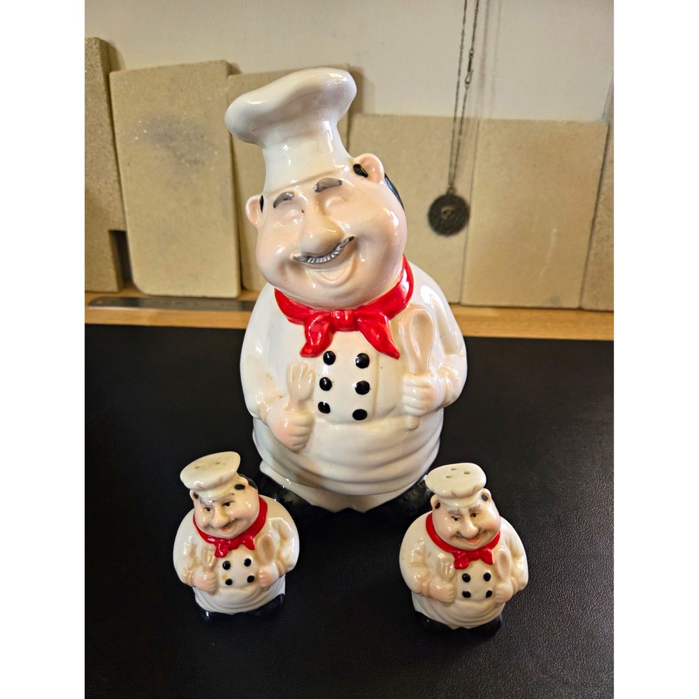 Vintage Style Ceramic Fat Chef Utensil Holder Salt Pepper Shakers 3 Pc Set